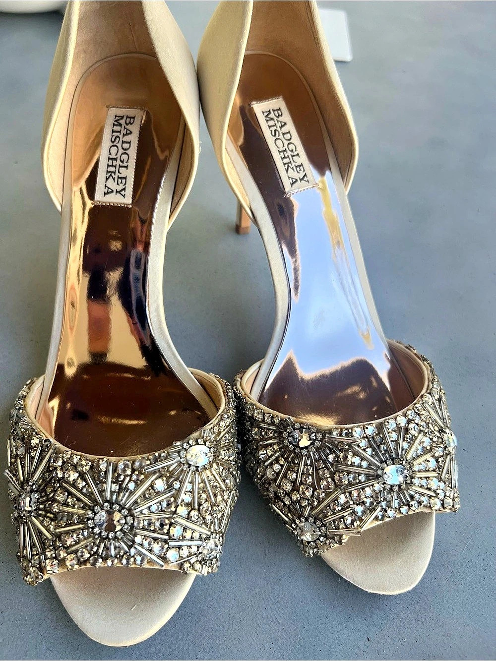 Badgley Mischka Kiara Embellished Peep-Toe Pumps in Beige & Silver